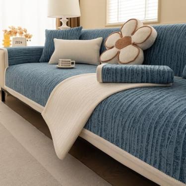 Imagem de WMLTZFUS Capa de sofá de chenille seccional de pele macia grossa para cães, crianças, protetor de móveis macio para sofá de 2 3 e 4, estilo moderno, antiderrapante para animais de estimação, azul ||