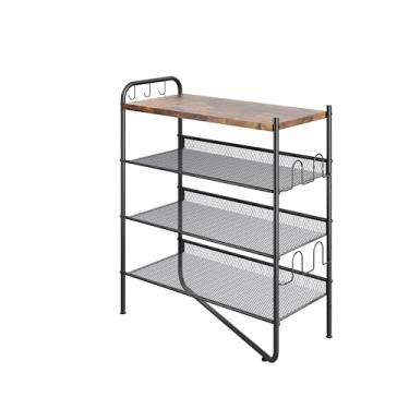 Imagem de Sapateira de 4 níveis para entrada, organizador de sapateira de metal comporta 20 pares de sapatos, armazenamento de sapatos na porta da frente com parte superior de madeira marrom rústica, sapateira