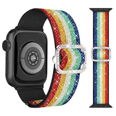 Imagem de G-ficu Pulseira elástica arco-íris para Apple Watch SE Series 11, 10, 9, 8, 7, 6, 5, 4 e 3, Ultra, de 46 mm, 45 mm, 42 mm (S3) e 49 mm, pulseira solo de nylon elástico para Apple Watch