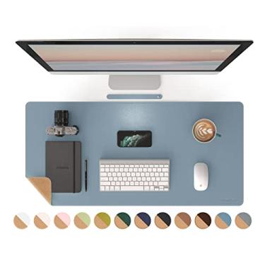 Imagem de RENMTURE Tapete de mesa de dupla face, cortiça natural e couro PU tapetes de mouse grandes para escritório e trabalho doméstico, protetor de mesa antiderrapante, impermeável, fácil de limpar (cinza azul, 91,44 cm x 43,16 cm)