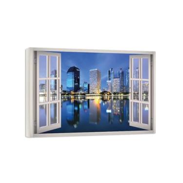 Imagem de Impressão lona janela falsa-Reflexão lago edifícios-Imagem arte parede paisagem-Pintura moderna para banheiro decoração 50x70cm20x27in Tela Embrulhada