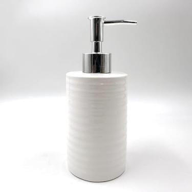 Imagem de Frasco Porta Sabonete Liquido 350ml Ceramica Branca Redondo Válvula Prata para Banheiro (KB3101)