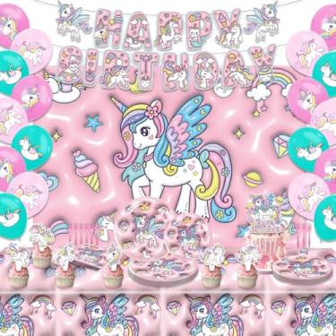 Imagem de Heidaman Decorações De Aniversário Unicórnio, Para Festa Suprimentos 3D, Conjunto Inclui: Balões, Cenário, Faixa, Topos Bolo, Pratos E Guardanapos, Talheres, Toalha Mesa