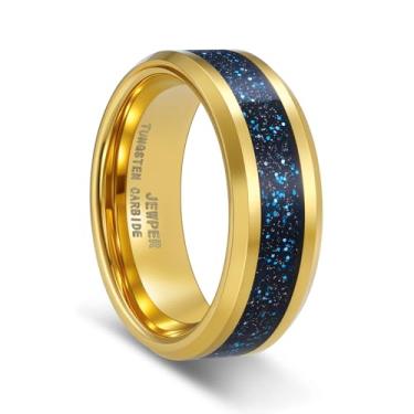 Imagem de JEWPER Anéis de tungstênio para homens 8 mm preto/prata/ouro moda promessa aliança de casamento martelada sulco meteorito orbo carboneto chanfrado borda polida ajuste confortável, 11, Metal, Sem pedra