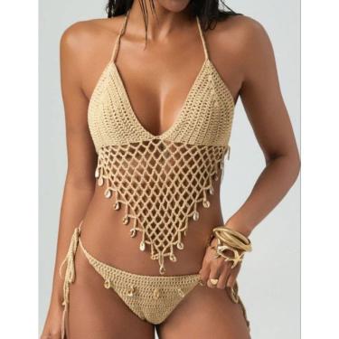 Imagem de Croped de crochê ponto rede com búzios