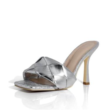 Imagem de sarawill Sandálias femininas de salto alto trançadas de salto alto com bico quadrado aberto salto stilettos salto mules slip on verão sexy vestido de festa sapatos femininos, Prata, 38