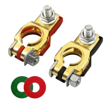 Imagem de AUCELI Conector de terminal de bateria, conjunto de grampo de terminal de cabo de bateria de poste superior, positivo e negativo 1 par com 2 arruelas, bom contato resistência à corrosão acessórios de