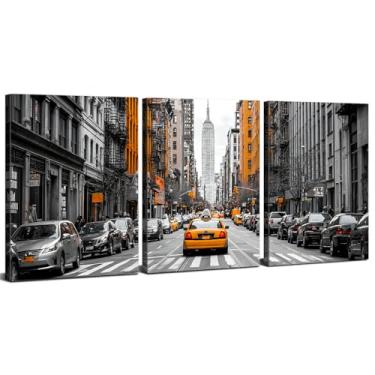 Imagem de Arte de parede da cidade de Nova York, preto e branco, pôster de rua amarelo urbano carro táxi decoração de parede imagem moderna NYC cenário panorama arte para sala de estar quarto escritório