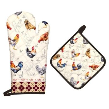 Imagem de Arquiel Conjunto de luvas de forno e suportes de panela Roosters, 2 peças, 100% algodão, resistentes ao calor, luvas de forno extralongas para cozinha, cozinha, decoração de panificação