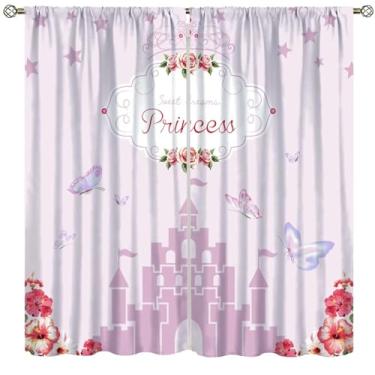 Imagem de Fblifil Cortinas com tema de princesa, castelo rosa, flores sonhadoras, jardim, conto de fadas, estampado, bolso para varão, tratamentos de janela para bebês, meninas, quarto, sala de estar, 107 cm L