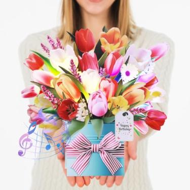 Imagem de CUISH Cartão pop-up com música de aniversário e luzes buquê de flores de papel 3D tamanho real - cartão comemorativo para mulheres, mãe, esposa, filha, avó - presente de aniversário com envelope