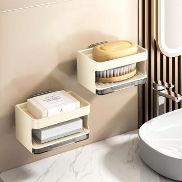 Imagem de YISMAN Saboneteira montada na parede de 2 camadas para chuveiro, caixa de sabão sem perfuração com bandeja de drenagem, 2 peças (branca)