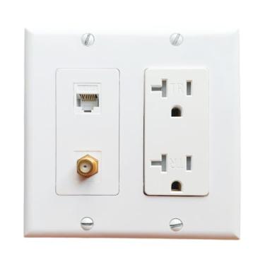 Imagem de BOPLAT Placa de parede de cabo coaxial Ethernet de 2 entradas com tomada de 20 Amp - placa de cobertura de saída Ethernet coaxial + 1 porta Ethernet CAT6 RJ45 + 1 cabo coaxial TV tipo F conector - branco