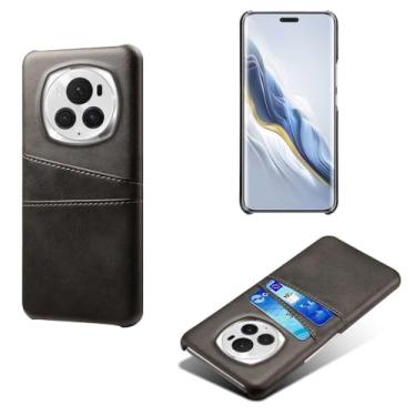 Imagem de Capas Compatível com Honor Magic6 Pro,Caso de couro PU-Tampa de telefone a prova de choque com 2 slots de cartão,Proteção anti-impressão digital e anti-gota-Black