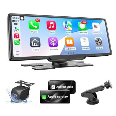 Imagem de Tela Carplay portátil para carro, tela sem fio Apple Carplay de 10,26 polegadas e tela automotiva Android com câmera de backup 1080p, tela sensível ao toque estéreo para carro com navegação GPS/link