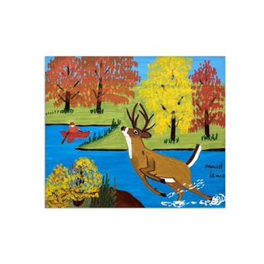 Imagem de Maud Lewis Canvas Wall Art Pictures-Famous Art Prints-Reprodução em tela - Pôster de arte de pintura animal para decoração de casa - Deer Crossing Stream 90 x 110 cm 35 x 43 polegadas somente tela