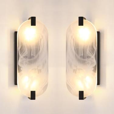 Imagem de Arandela de parede de banheiro de vidro fosco oval com 2 unidades, moderna, estilo conciso, acabamento preto para quarto, corredor, cabeceira