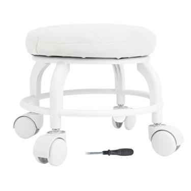 Imagem de Phefop Cadeira de Rolos Baixos Com Fezes de Giro Com Rodas Mudo de 9,84 "de Altura, Capacidade de 300 Lb, para Escritório Em Casa e Garagem, Material de Couro PU (WHITE)