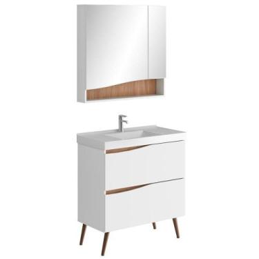 Imagem de Conjunto Banheiro Gabinete Com Pés Lavatório 80cm e Armário Evie B06 B