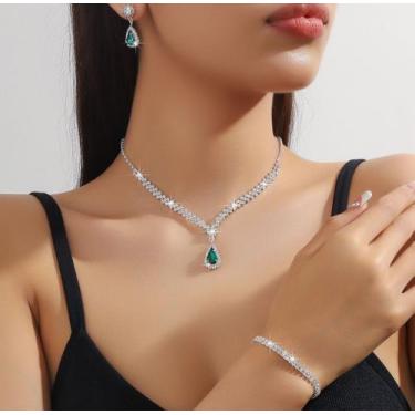 Imagem de L2921-Conjunto Feminino Colar e Brinco Pulseira Verde Esmeralda Gota Z