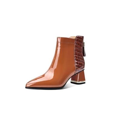 Imagem de TinaCus Bota feminina de couro envernizado, feita à mão, retalhos, zíper nas costas, bico fino, salto baixo, cano curto, Laranja, 38