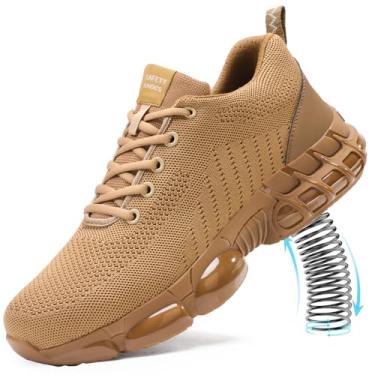 Imagem de TANIELD Tênis de bico de aço para homens, leves, para trabalho, sapatos de segurança, amortecimento a ar, tênis de aço indestrutível, tênis de construção industrial para trabalho e segurança, Marrom