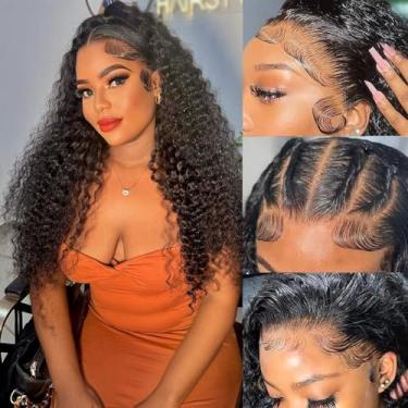Imagem de Perucas frontais onduladas profundas 33 x 10 cm de cabelo humano HD transparente encaracolado profundo lace frontal 180% densidade frontal perucas sem cola para mulheres pré-arrancadas com cabelo de
