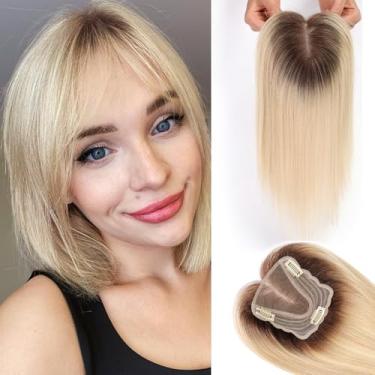 Imagem de starluck Toppers para mulheres cabelo humano real 11,4 cm x 12,7 cm base de renda suíça amarrada à mão 35,56 cm com franja SilkHug ombre Topper loiro claro para mulheres com raízes de estanho