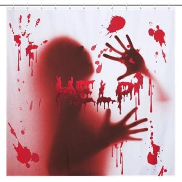 Imagem de Cortina de chuveiro Help Me with Bloody Hands Halloween para decorações assustadoras de Halloween cortinas de chuveiro de tecido à prova d'água de sangue assustador com ganchos para decoração de