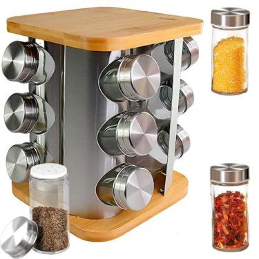 Imagem de Porta Temperos Premium Bambu Inox com Base Giratória e 12 Potes - Frat