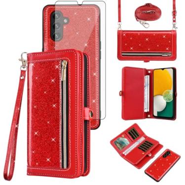 Imagem de Asuwish Capa carteira compatível com Samsung Galaxy A13 5G e protetor de tela de vidro temperado com glitter, zíper e porta-cartões, capas para celular para A04S M13 G5 A 13 2022 13A A135G SM A136U