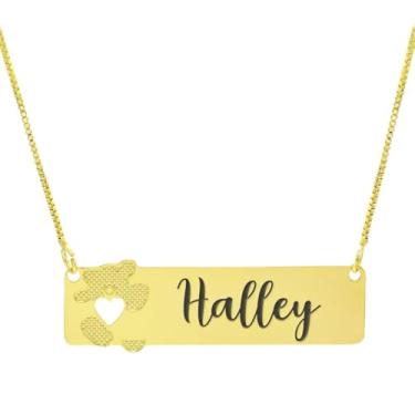 Imagem de Colar Personalizado Ursinho Coração Vazado Gravação Halley Banhado Ouro 18K - 999012193