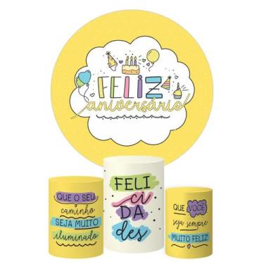 Imagem de Trio Capa Cilindro + Painel Redondo Feliz Aniversario Mod 01 - Decoran