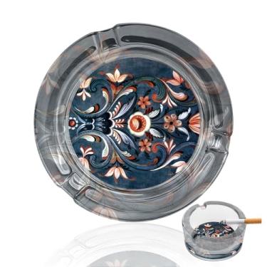 Imagem de Cinzeiro de cigarro estilo folclórico norueguês Rosemaling redondo portátil cinzeiro de charuto de vidro transparente para fumar para ambientes internos e externos, casa, escritório, pátio, varanda