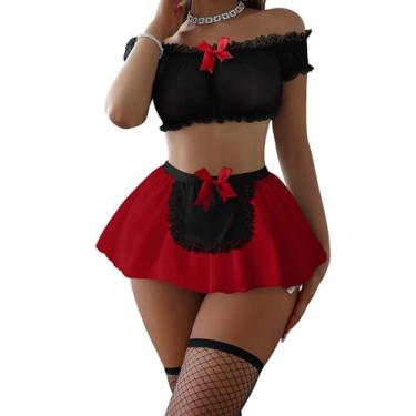 Imagem de Foxiny Conjunto de 4 peças de lingerie de renda transparente de malha sexy com calcinha fio dental, Laço preto e vermelho, Small