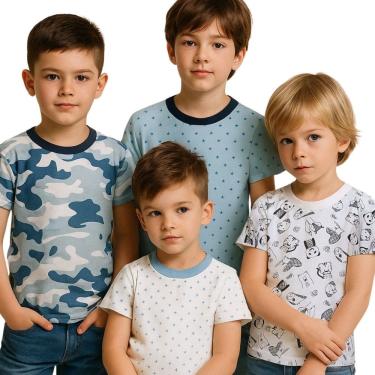 Imagem de Camiseta Infantil Manga Curta Basica 100% Algodao Estampas diversas Kit 4 Peças Baby Deluxe