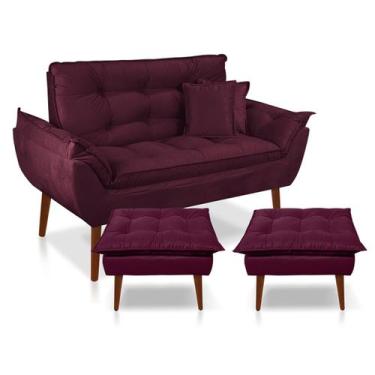 Imagem de Kit Poltrona Decorativa Namoradeira 2 Puffs Opala e 2 Almofadas Suede 