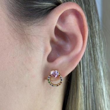Imagem de Brinco Aro Cravejado Zircônias Color Coração Rosa Banhado em Ouro 18k 