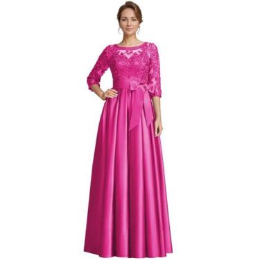 Imagem de Vestido de renda Raomiao, mãe da noiva, cetim, rosa choque