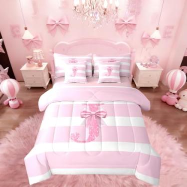 Imagem de Erosebridal Jogo de lençol solteiro com laço kawaii rosa com laço kawaii, 7 peças, para quarto de crianças, adolescentes, mulheres, moderno, listrado, cama em uma bolsa