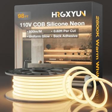 Imagem de HRGXYUN Fita de luzes LED COB 110 V - 30 m/98 pés à prova d'água de corda de silicone com suporte adesivo, iluminação neon branca quente cortável para armários, escritório doméstico e projetos DIY