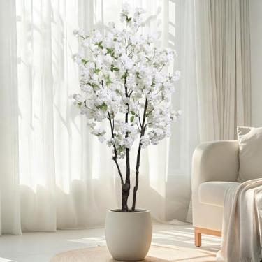 Imagem de Árvore de cerejeira branca artificial de 183 cm, planta verde sintética para decoração de interiores, vaso natural, flores de cerejeira realistas, tronco de madeira para casa, sala de estar, presente