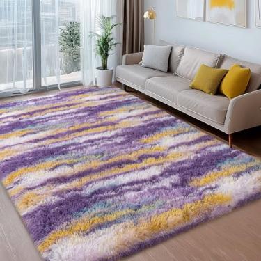 Imagem de Ailyei Tapetes felpudos macios para quarto, 10 x 15 cm, abstratos, roxos, felpudos, para sala de estar, tapete de pelúcia luxuoso, quarto de meninas, crianças, dormitório, decoração de casa