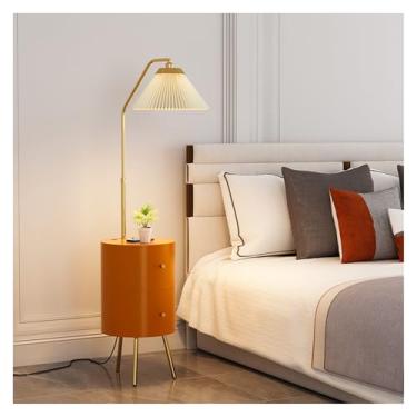 Imagem de Luminária de chão Mesa de cabeceira redonda inteligente com lâmpada e estação carregamento sem fio, LED 3 cores, mesa moderna 2 gavetas madeira(Orange)