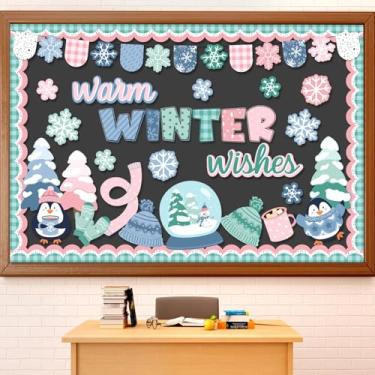Imagem de Moinchore Conjunto de quadro de avisos de Natal de inverno, desejos de inverno, decorações de sala de aula, flocos de neve, pinguins, luvas, chapéus, árvores e globo de neve, recortes de papel para