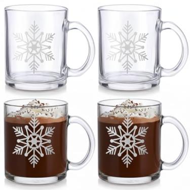 Imagem de Suclain 4 peças de caneca de vidro de floco de neve de inverno com alça 340 g canecas de café de vidro de Natal para bebidas quentes e frias, xícaras de café de floco de neve prateadas para chá de