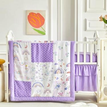 Imagem de Jogo de cama de berço de patchwork, estampa floral, xadrez, arco-íris, 3 peças, fofo, lençol com elástico e saia para cama, lençol com elástico e saia para cama – Conjunto de cama de berço colorido