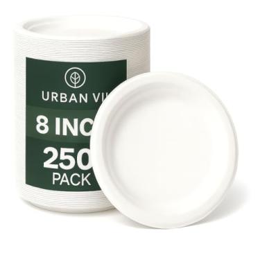 Imagem de URBAN VII Pratos de papel compostáveis de 20 cm [pacote com 250] – Pratos de bagaço descartáveis resistentes (fibra de cana-de-açúcar), louça biodegradável ecológica, segura para micro-ondas e à prova