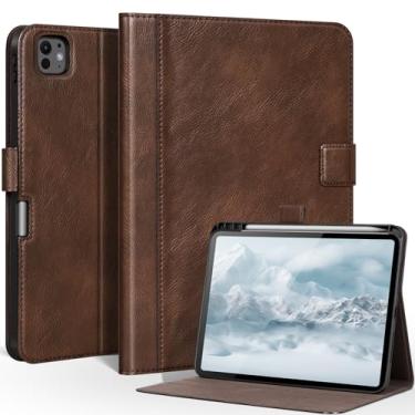 Imagem de CPNVWA Capa de couro genuíno para iPad Pro de 11 polegadas (M4) 2024, fólio de couro de flor integral com suporte para Apple Pencil, despertar/hibernar automaticamente, suporte ajustável, fecho