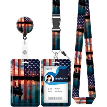 Imagem de Porta-crachá de identificação com cordão, carretel retrátil resistente com clipe de cinto giratório, clipes de etiqueta de cartão de nome para professores, enfermeiras, homens de escritório (bandeira